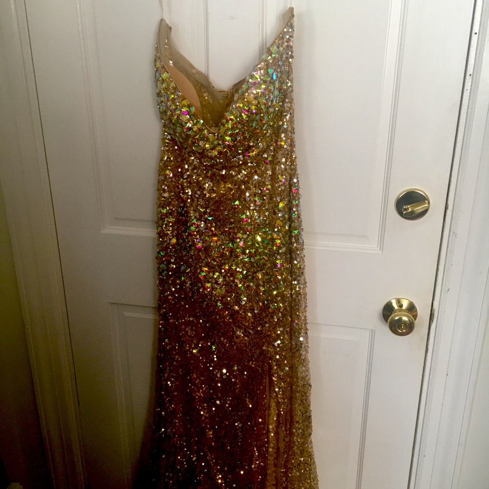 Gold sequin strapless formal/prom long dress